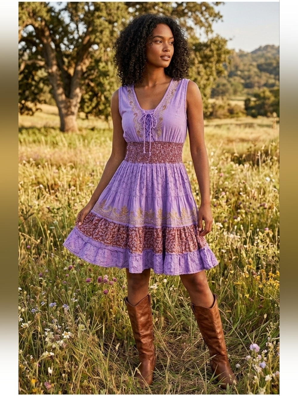 Advance Apparels Boho Embroidered Lace Up Mini Dress Purple Gold Free Size